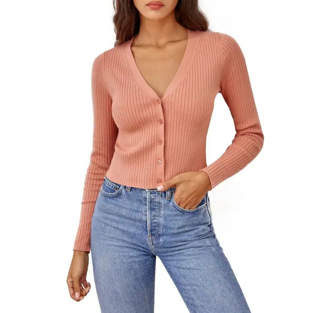 Reformation Ribbed Button-Front Cardigan in Dusty Coral pastel orange